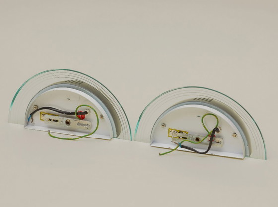 Image 1 of Pair of vintage Postmodern Memphis half-moon wall lights in metal and lucite, circa 1980