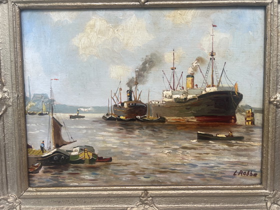 Image 1 of Painting (7): Harbour scene - L. Robbe