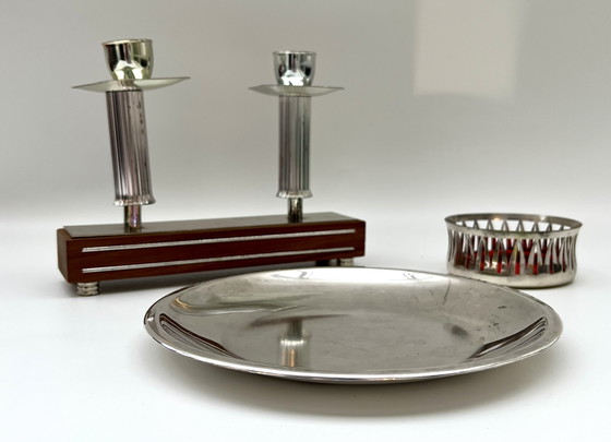Image 1 of Mid-Century Tisch-Set – Kerzenleuchter, Servierschale & Flaschenhalter