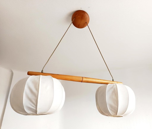 Vintage Scandinavian pendant light, wood and fabric