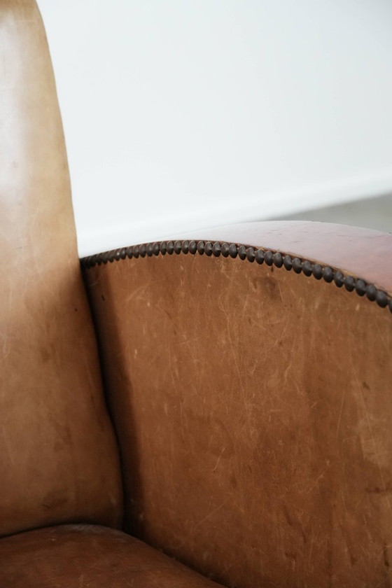 Image 1 of Fauteuil de style Art déco en cuir de vachette d'une belle couleur cognac clair