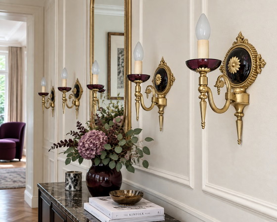 Set van 4 vintage wandlampen – aubergine glas & goud | Hollywood Regency – Metal, Brass (photo 4 of 13)