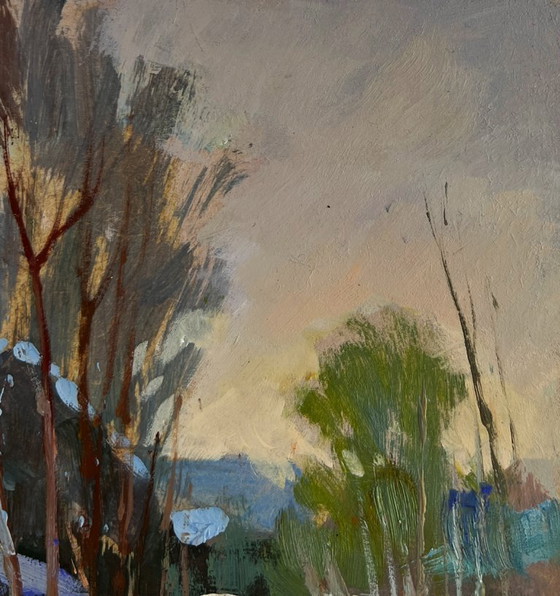 Image 1 of Original Oil Painting Winter Church Landscape View of the monastery in the evening
