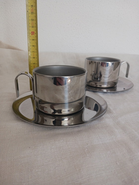 Image 1 of Set Van 4 RVS Espresso en Koffie Kop en Schotel Jaren '80