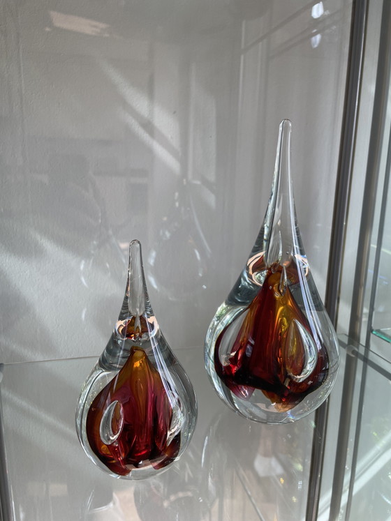 Image 1 of Ozzaro Studio-Kunstglas „Regentropfen“, signiertes orange-rotes Kristall aus Böhmen