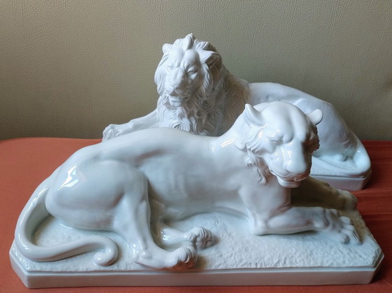 Rare Pair White Ceramic Lion Sculptures Mottahedeh Design Italy, Decorative Objects, Porcelain (photo 7 of 15)