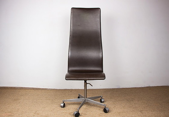 Image 1 of Serie von 4 Bürostühlen mit hoher Rückenlehne aus Leder und Aluminium Modell Oxford von Arne Jacobsen für Fritz Hansen 1980