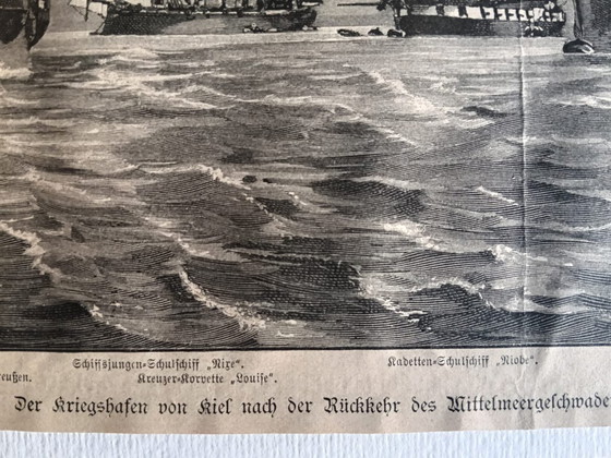 Image 1 of Grabado antiguo - Puerto de Kiel (ca. 1890) con marco