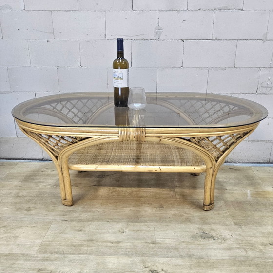Table Basse Vintage en Rotin avec Plateau en Verre (années 70) Table d'Appoint Bohème / Coffeetable (photo 2 of 15)
