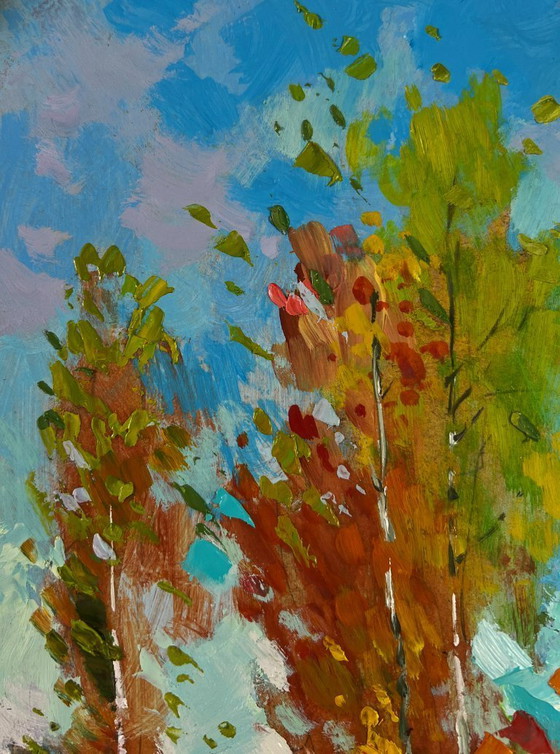 Image 1 of Original Oil Painting Autumn Village Landscape In The Silence Of The Birch Grove