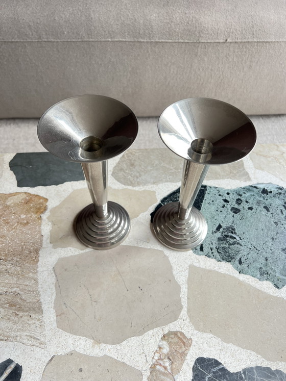 Beautiful Set of Original Art Deco Candlesticks – Chrome – 1930s – Bauhaus Style – Decorative Objects (photo 3 of 8)
