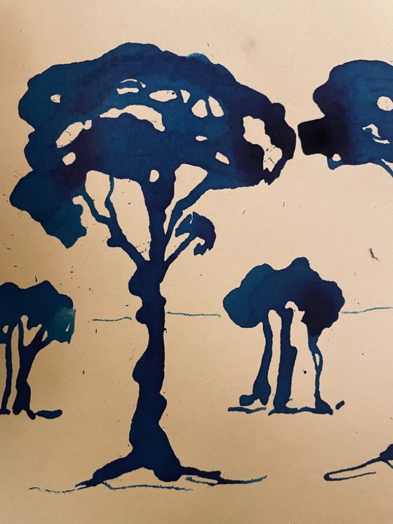 Image 1 of Dipinto ad acquerello monocromatico firmato "Pineta al crepuscolo"