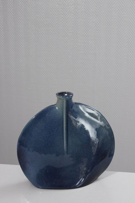 Image 1 of Impressive vintage stoneware lentil vase, modernist design, cobalt blue glaze, 1980s