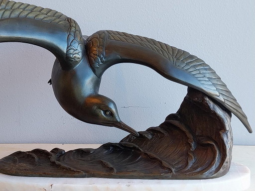 Grande Scultura Art Déco Rochard Gabbiano Zamak su Marmo
