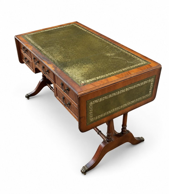 Double-Sided English Mahogany Desk with Extensions – Wood, Leather (photo 3 of 11)