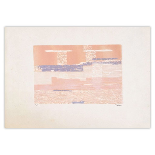 Monique PEHEM (BRETON-PROUTÉ) Lo scintillante Firmato Linoleografia 1973