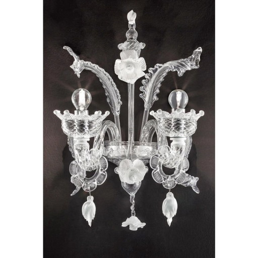 Aplique de pared veneciano de cristal de Murano blanco y transparente con diseño floral