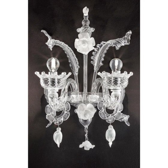 Image 1 of Aplique de pared veneciano de cristal de Murano blanco y transparente con diseño floral