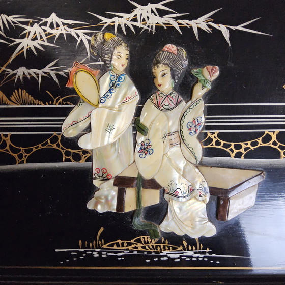 Image 1 of Vintage Chinese Lacquer Secretary / Desk with Mother-of-Pearl Overlay / Bohemian / Oriental Cabinet