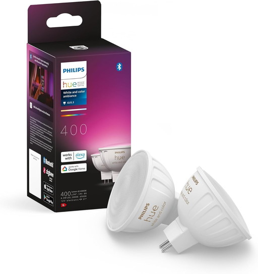 Philips Hue White and Color Ambiance, ampoule connectée MR16, compatible Bluetooth, lot de 2, fonctionne avec Alexa, Google Assi