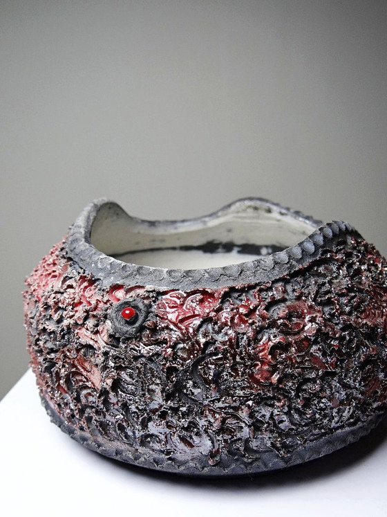 Image 1 of Vintage 2000s handcrafted raku jewelry box in red and grey