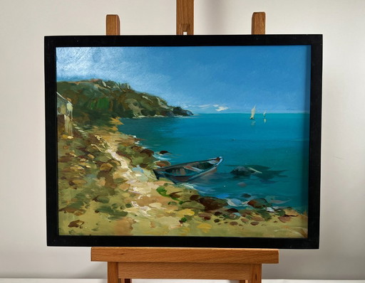 Pintura al óleo original: Paisaje costero marino a través de la inmensidad del mar.