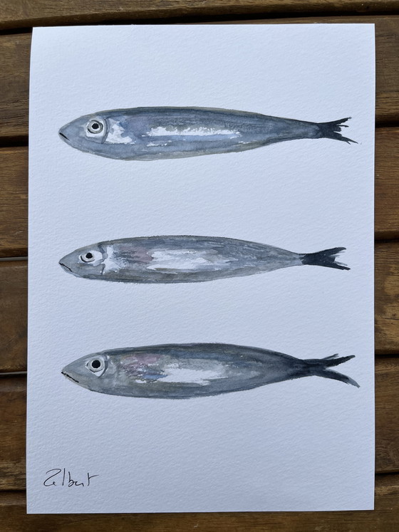 Image 1 of Watercolor on paper, 21x15cm. "Sardines"