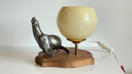 Image 1 of Art Deco Sea Lion Lamp Metal and Blown Glass France