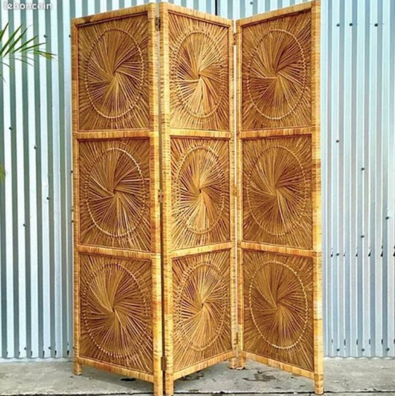 Image 1 of Dreiteiliger Faltparavent aus Rattan und Holz