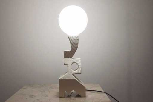 Sculptural Wooden Table Lamp Vintage Handmade Whitewashed Ash Brutalist Lamp Organic Modern Bedside Light