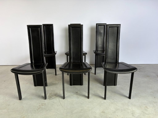 Vintage schwarze Leder Esszimmerstühle, 6er Set, 1980er Jahre
