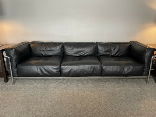 Le Corbusier Cassina LC3 Schwarzes Leder und Chrom 3-Sitz Sofa
