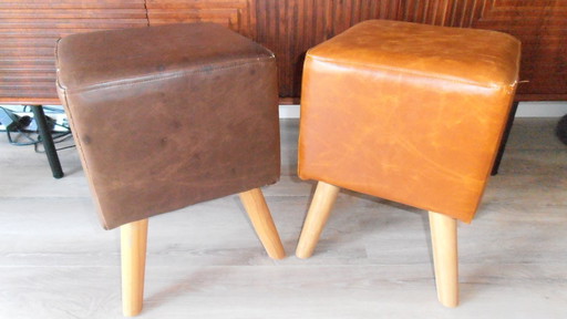 Vintage Hocker, Cognac & Dunkelbraun - 42cm hoch