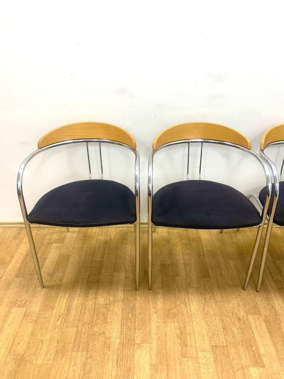 Image 1 of Set of 4 Chrome and Wood Chairs, Italy, 1980s