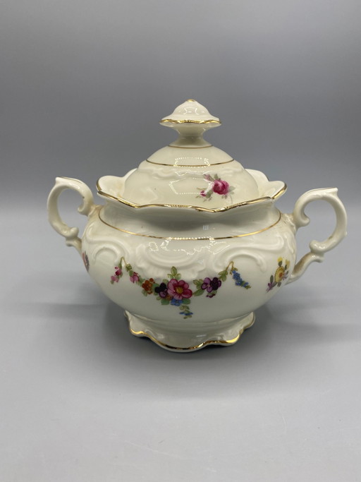 Schumann Arzberg Bavaria Polychrome Floral Porcelain Covered Sugar Bowl