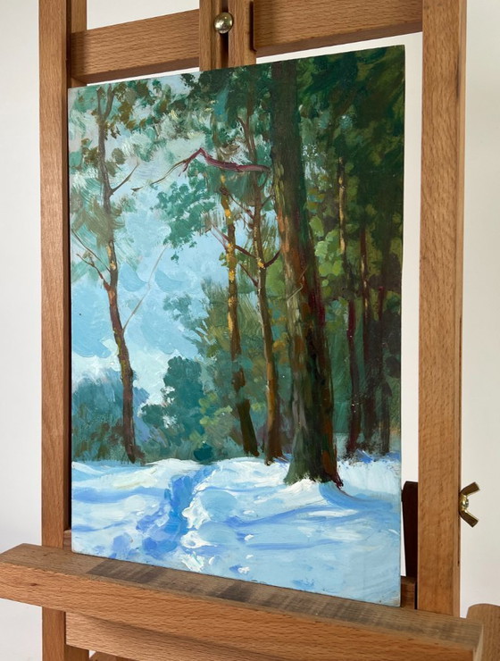 Image 1 of Peinture à l'huile originale Paysage d'arbres enneigés Silence hivernal de la forêt