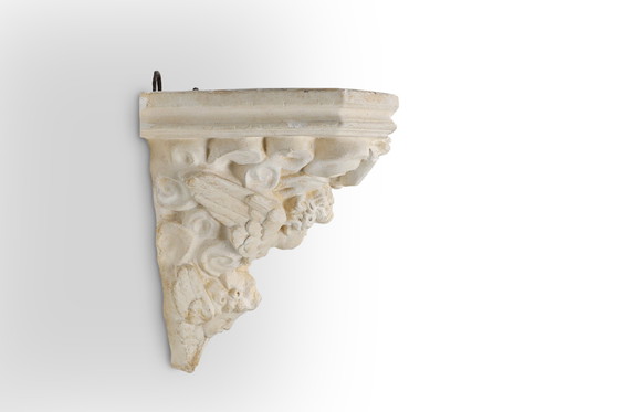 Image 1 of Console murale ancienne en plâtre français avec 3 chérubins, années 1900