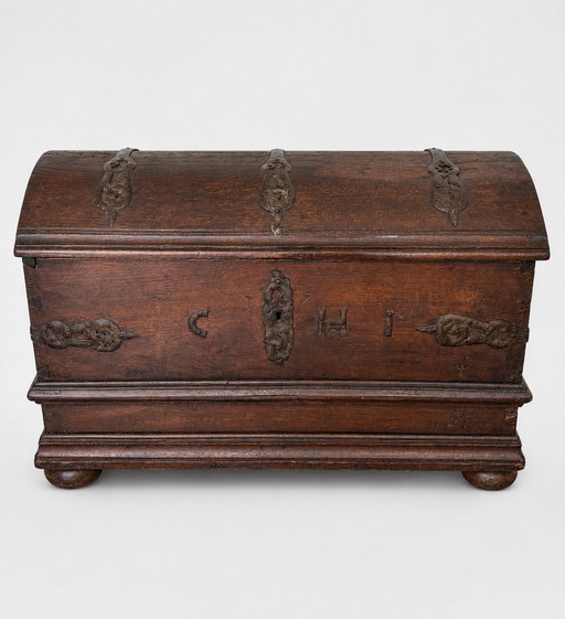 Baule/cassapanca antico in rovere con coperchio arcuato - XVII/inizio XVIII secolo