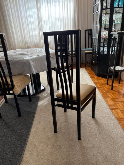 6 chairs, model Lotus, lacquer, high-gloss, black, seat cushions in leather, apricot