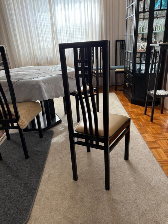 Image 1 of 6 chairs, model Lotus, lacquer, high-gloss, black, seat cushions in leather, apricot