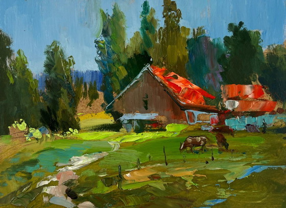 Image 1 of Original Oil Painting Rural Life Landscape A small village world