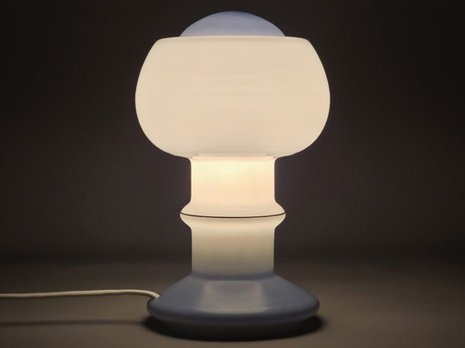 1970s Vintage ROSDALA GLASBRUK Mushroom Glass Table Lamp – Opaline Glass Shade & Blue Detailing – Swedish Space-Age Mood Light.