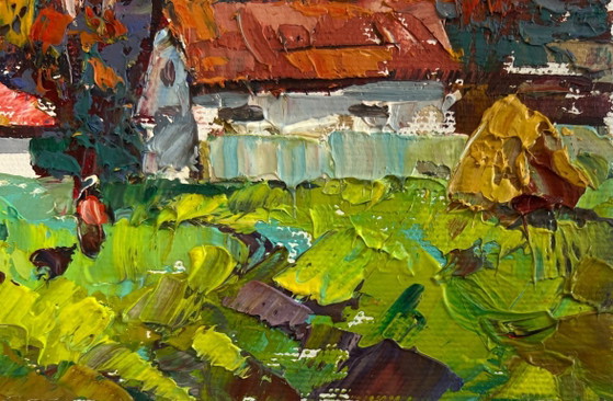 Image 1 of Original Oil Painting Autumn Village Landscape Autumn yellow sunset