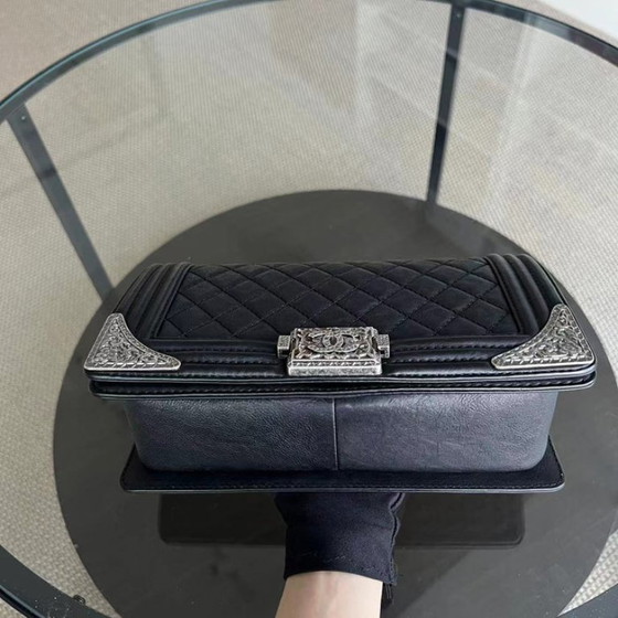 Image 1 of Chanel Boy Medium - 25CM Paris-Dallas Metal Edge Grained Calfskin Black Silver Hardware Series 19