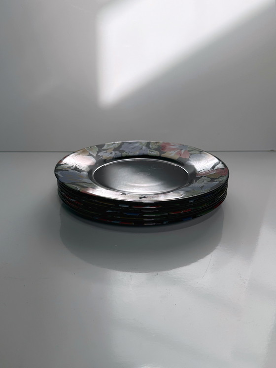 Image 1 of 6x Piatti da torta vintage Arcoroc Fiori neri Francia Set anni '80-'90 Luminarc Octime Francia Rosso Blu Giallo