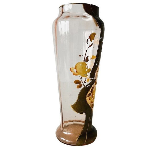 Image 1 of Antico vaso vittoriano in stile Art Nouveau in vetro dorato dipinto a mano, anni 1900