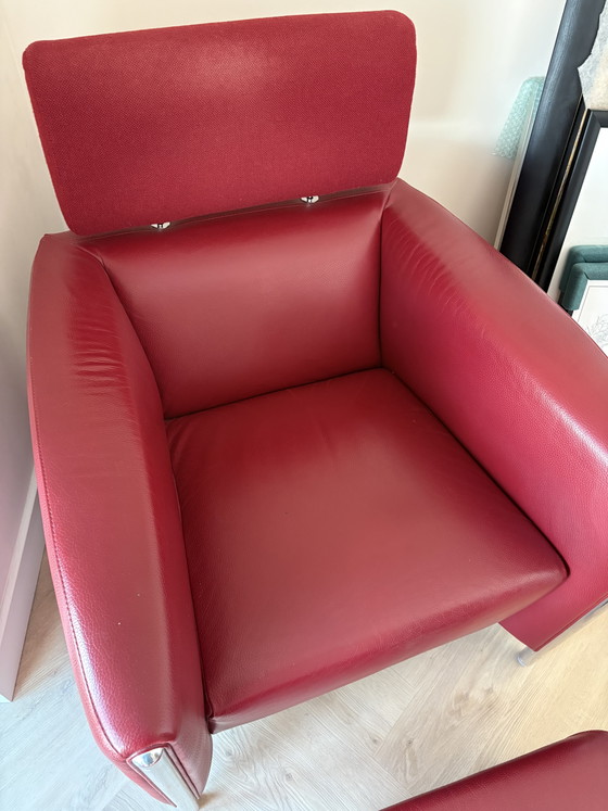 Image 1 of Leolux Goncharov armchair with ottoman | Red leather | Design classic