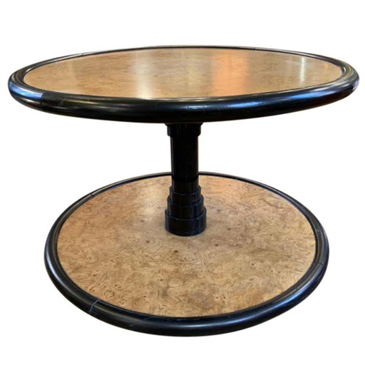 Table basse ronde tournante Art Déco en loupe d'érable et ébène attribuée à De Coene Freres, 1925