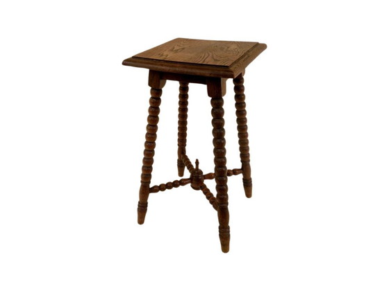 Image 1 of Rustic French Bobbin Plant Stand with Turned Legs
