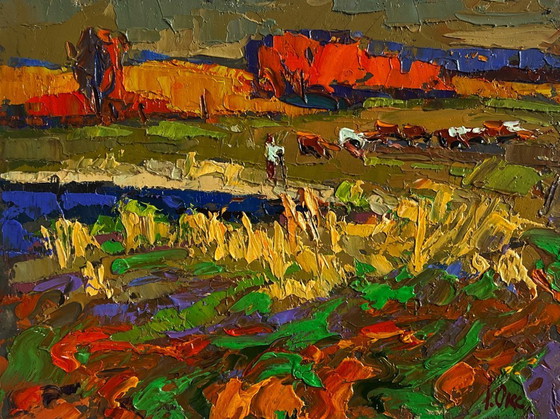 Image 1 of Originales Ölgemälde Abendlandschaft auf den Herbstwiesen